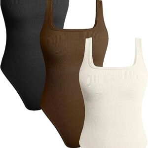 Elegant Ribbed Shapewear Bodysuit Trio - Black, Brown, and Cream